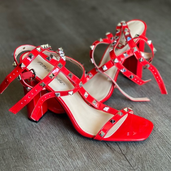 Public Desire Finally Red Patent Studded Block heels, women’s size 8 - Picture 5 of 13